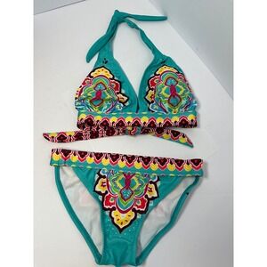 Boho Mandala Print Bikini Set Teal Pink Yellow HalterTop 2 Piece Swimsuit M NWOT
